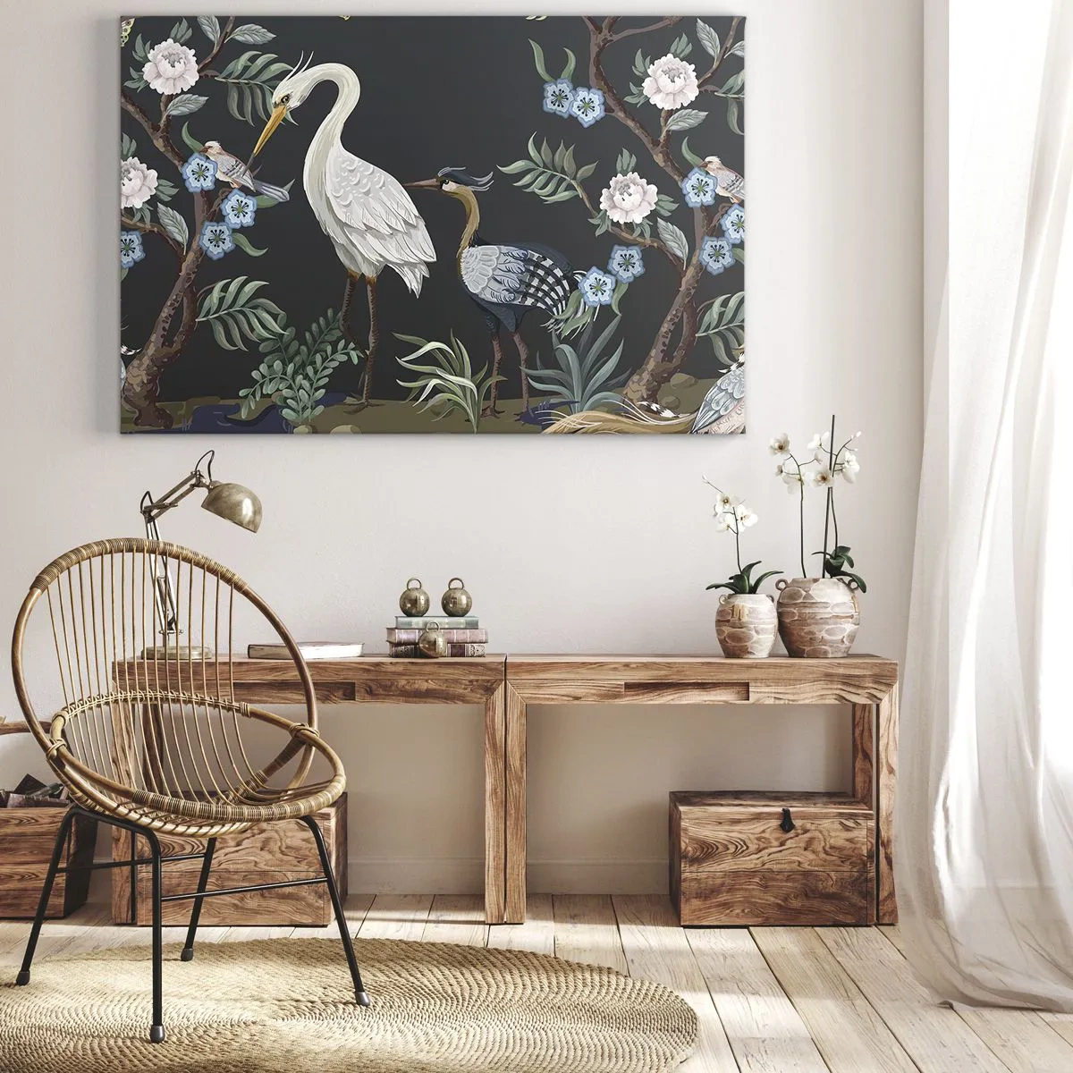 Impression sur toile - Image sur toile - Oiseaux et plantes peints sur un fond sombre avec un motif élégant - 120x80cm - Parade d'oiseaux - Décoration murale moderne pour le salon et la chambre ARTTOR