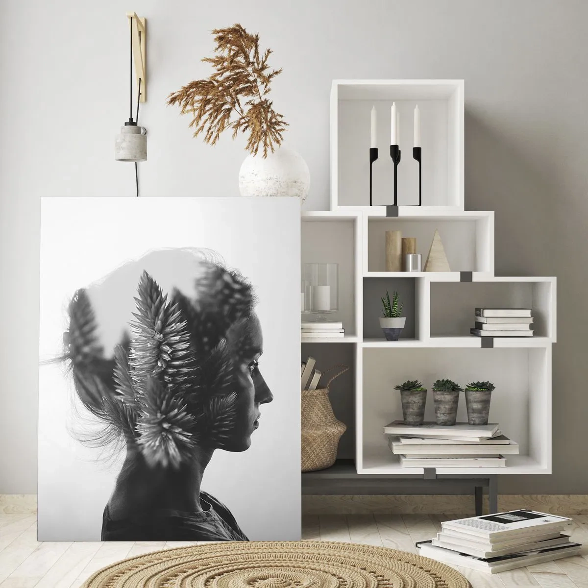 Impression sur verre - Image sur verre - Un portrait subtil avec des éléments de la nature - 80x120cm - Dame de la pinède - Décoration murale moderne pour le salon et la chambre ARTTOR