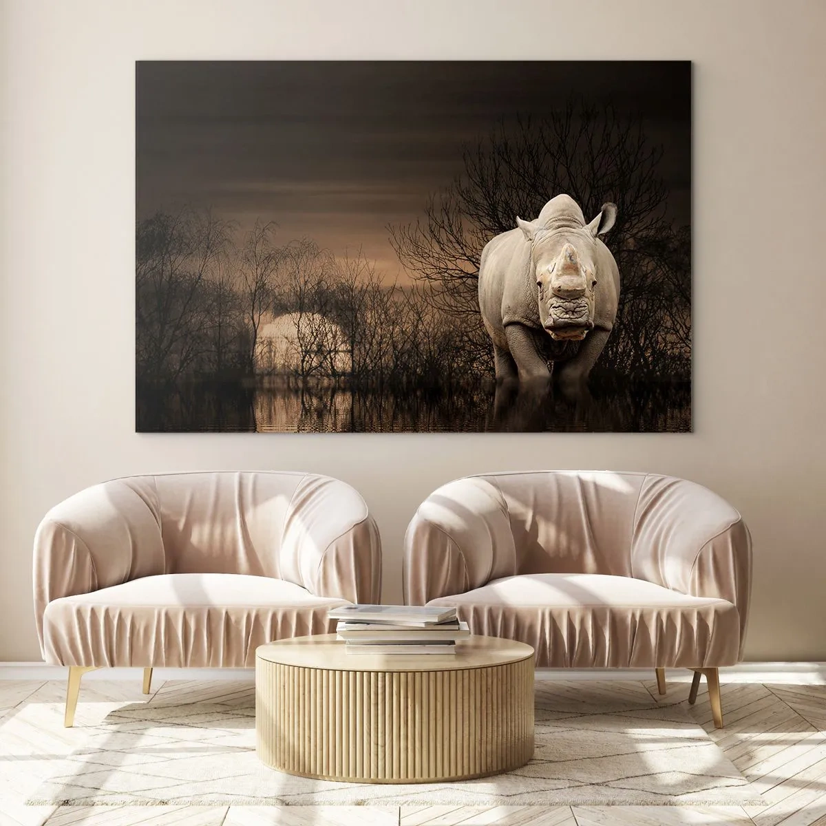 Impression sur verre - Image sur verre - Rhinocéros contre le soleil couchant - 100x70cm - Blanc contre nature - Décoration murale moderne pour le salon et la chambre ARTTOR