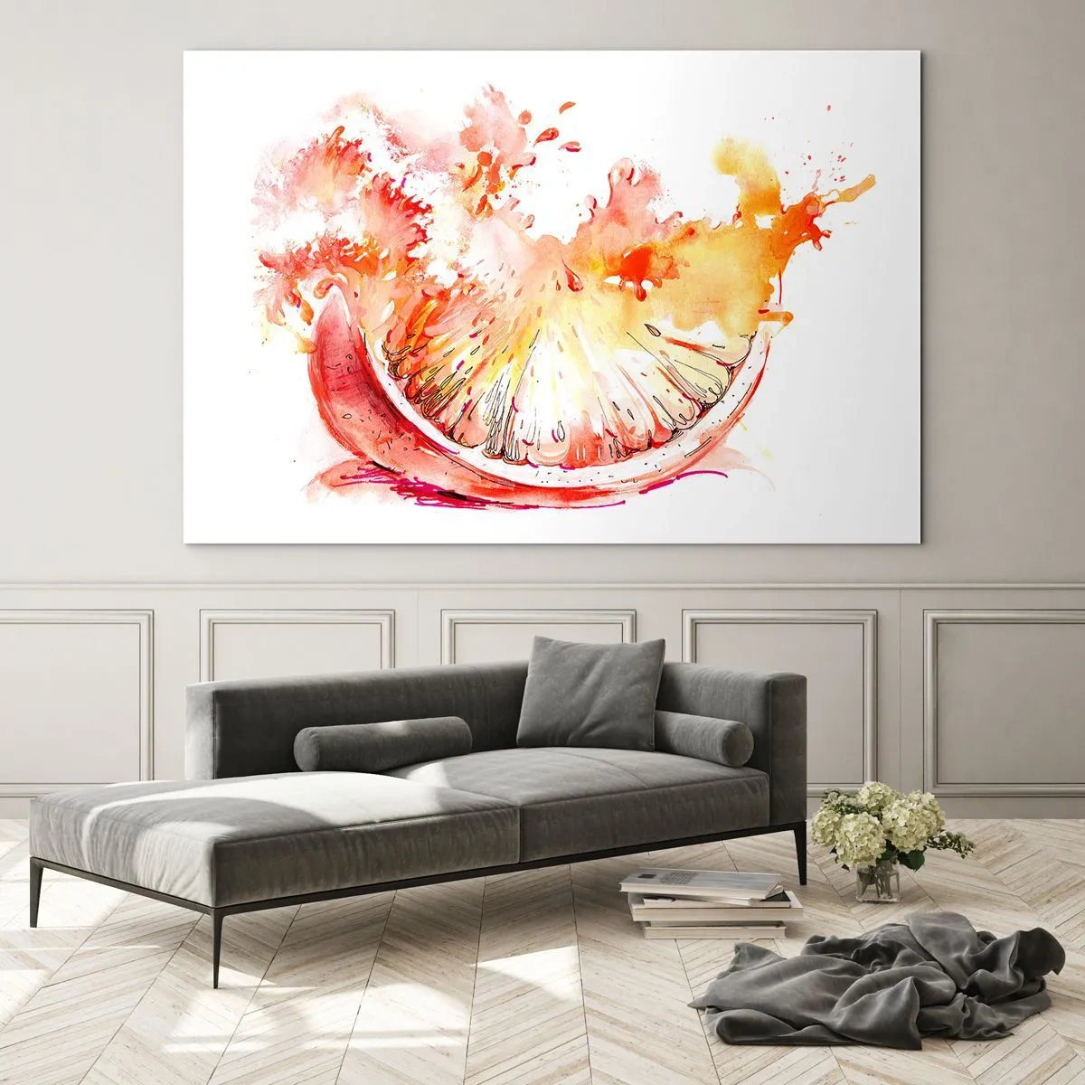 Impression sur verre - Image sur verre - Aquarelle représentant un segment de pamplemousse juteux en mouvement - 70x50cm - Détente juteuse - Décoration murale moderne pour le salon et la chambre ARTTOR