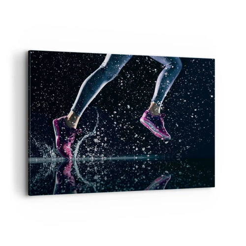 Impression sur toile - Image sur toile - Une prise de vue dynamique d'une course sous la pluie sur fond noir - 120x80cm - Combien de force dans les jambes - Décoration murale moderne pour le salon et la chambre ARTTOR