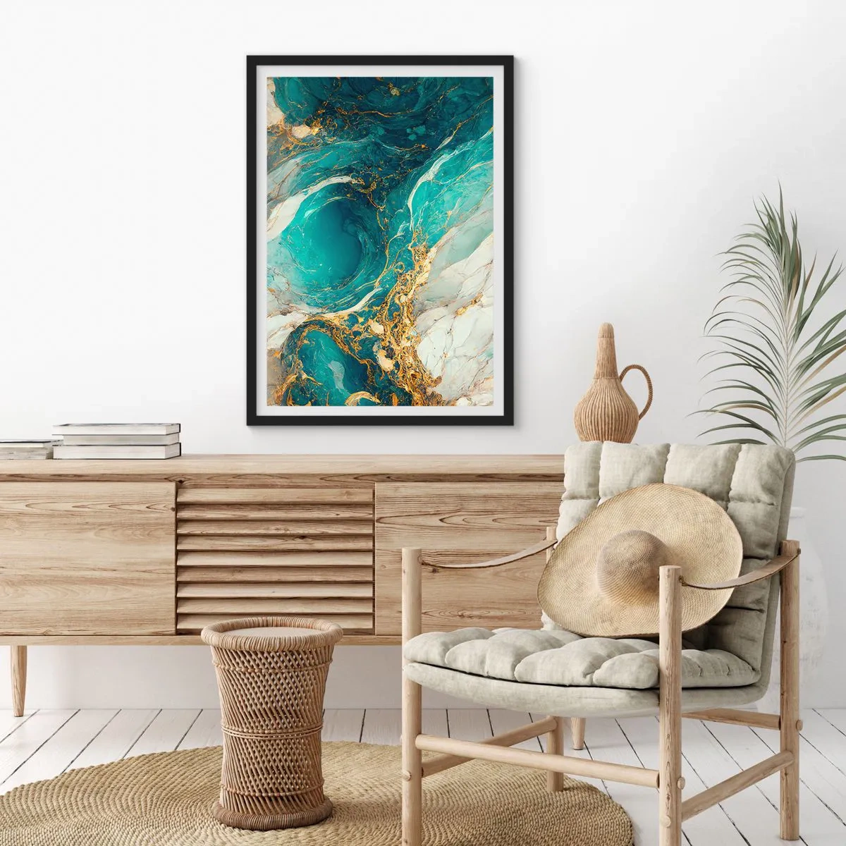 Affiche dans un cadre noir - Poster - Abstraction turquoise avec des accents dorés - 50x70cm - Composition en veines d'or - Décoration murale moderne pour le salon et la chambre ARTTOR