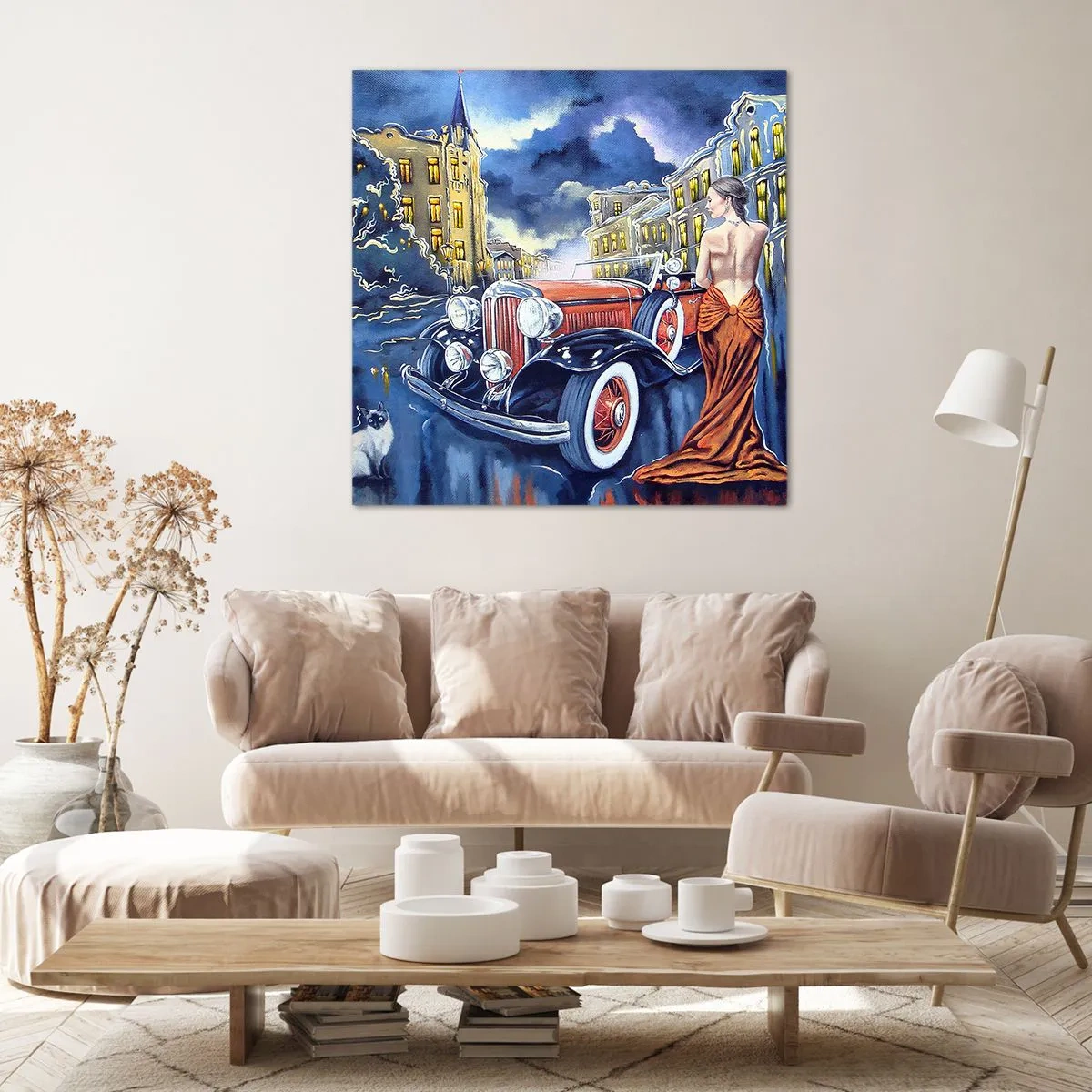 Impression sur toile - Image sur toile - Nocturne en bleu et corail - 70x70 cm
