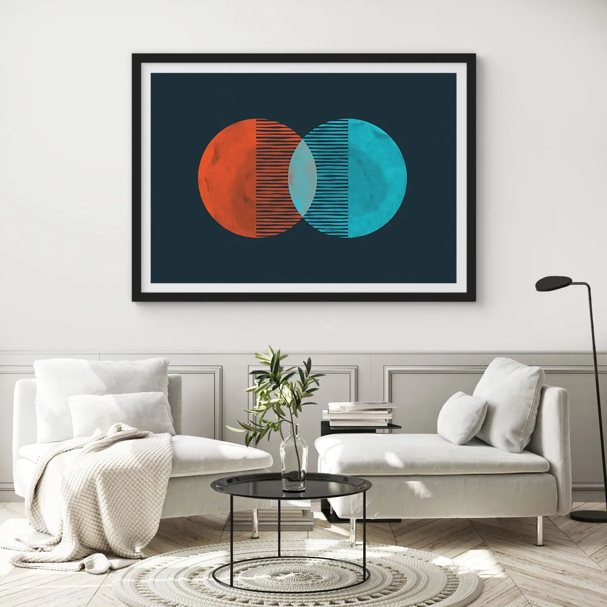 Affiche dans un cadre noir - Poster - Deux cercles orange et bleus sur fond sombre - 70x50cm - Fantaisie astronomique - Décoration murale moderne pour le salon et la chambre ARTTOR
