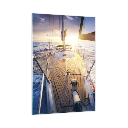 Impression sur verre - Image sur verre - Le pont d'un voilier sur fond de soleil couchant et de vagues de la mer - 50x70cm - Courir sur les vagues - Décoration murale moderne pour le salon et la chambre ARTTOR