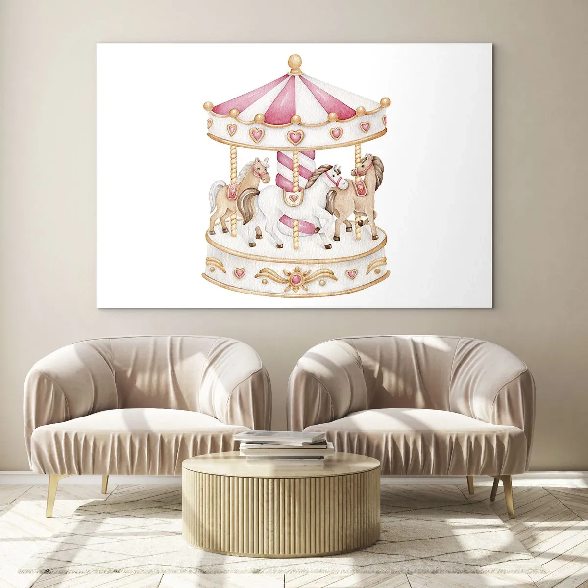 Impression sur verre - Image sur verre - Un carrousel rose avec des chevaux de style enfantin sur fond blanc - 70x50cm - Le doux monde de l'enfance - Décoration murale moderne pour le salon et la chambre ARTTOR