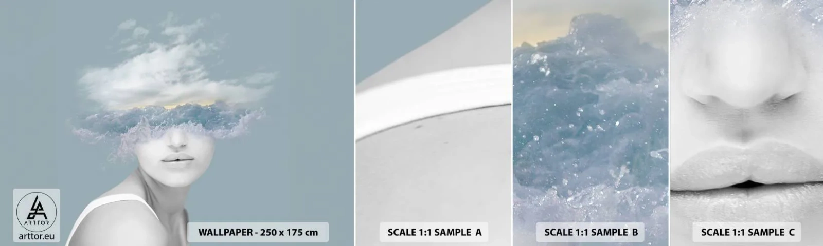 Échantillon De Papier Peint Standard Eco - La tête dans les nuages - Brillant, Portrait, Des nuages - 100x30 cm