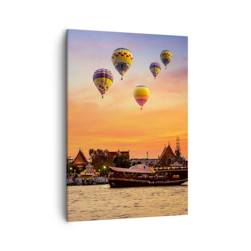 Impression sur toile - Image sur toile - Un temple et des ballons sur fond de soleil couchant sur la rivière - 50x70cm - C'est ici que naissent les contes de fées - Décoration murale moderne pour le salon et la chambre ARTTOR