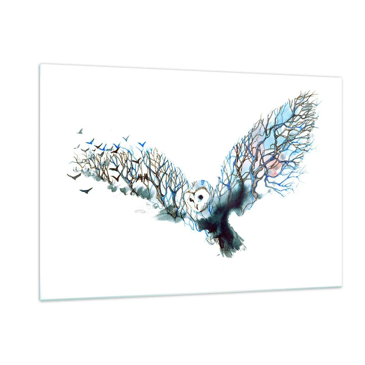 Impression sur verre - Image sur verre - Illustration d'un hibou avec des branches à la place des ailes - 120x80cm - Sur les ailes de la forêt - Décoration murale moderne pour le salon et la chambre ARTTOR