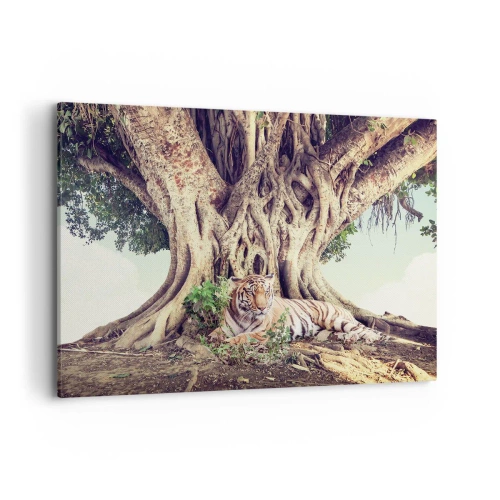 Impression sur toile - Image sur toile - Un tigre se reposant sous un arbre étendu - 100x70cm - Vue du Livre de la Genèse - Décoration murale moderne pour le salon et la chambre ARTTOR