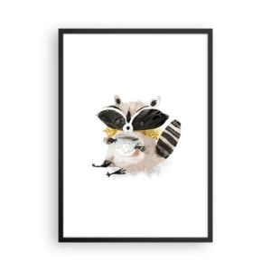 Affiche dans un cadre noir - Poster - Un dessin d'un raton laveur portant une écharpe et tenant une tasse de thé. - 50x70cm - Mon ami le raton laveur - Décoration murale moderne pour le salon et la chambre ARTTOR