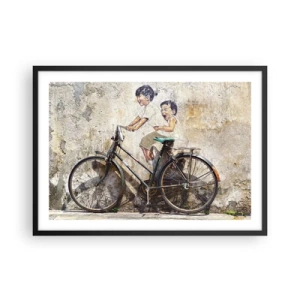 Affiche dans un cadre noir - Poster - Street art avec un vélo et des dessins d'enfants sur le mur - 70x50cm - Vrai ou faux? - Décoration murale moderne pour le salon et la chambre ARTTOR