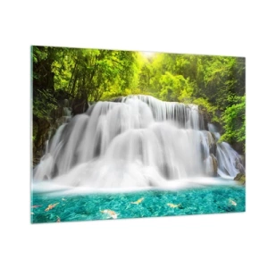 Impression sur verre - Image sur verre - Une cascade entourée de verdure avec une eau cristalline - 100x70cm - Une cascade mousseuse du vert à l'azur - Décoration murale moderne pour le salon et la chambre ARTTOR
