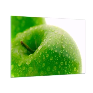 Impression sur verre - Image sur verre - Une pomme verte couverte de gouttes d'eau - 100x70cm - Fraîcheur de verdure fraîche - Décoration murale moderne pour le salon et la chambre ARTTOR