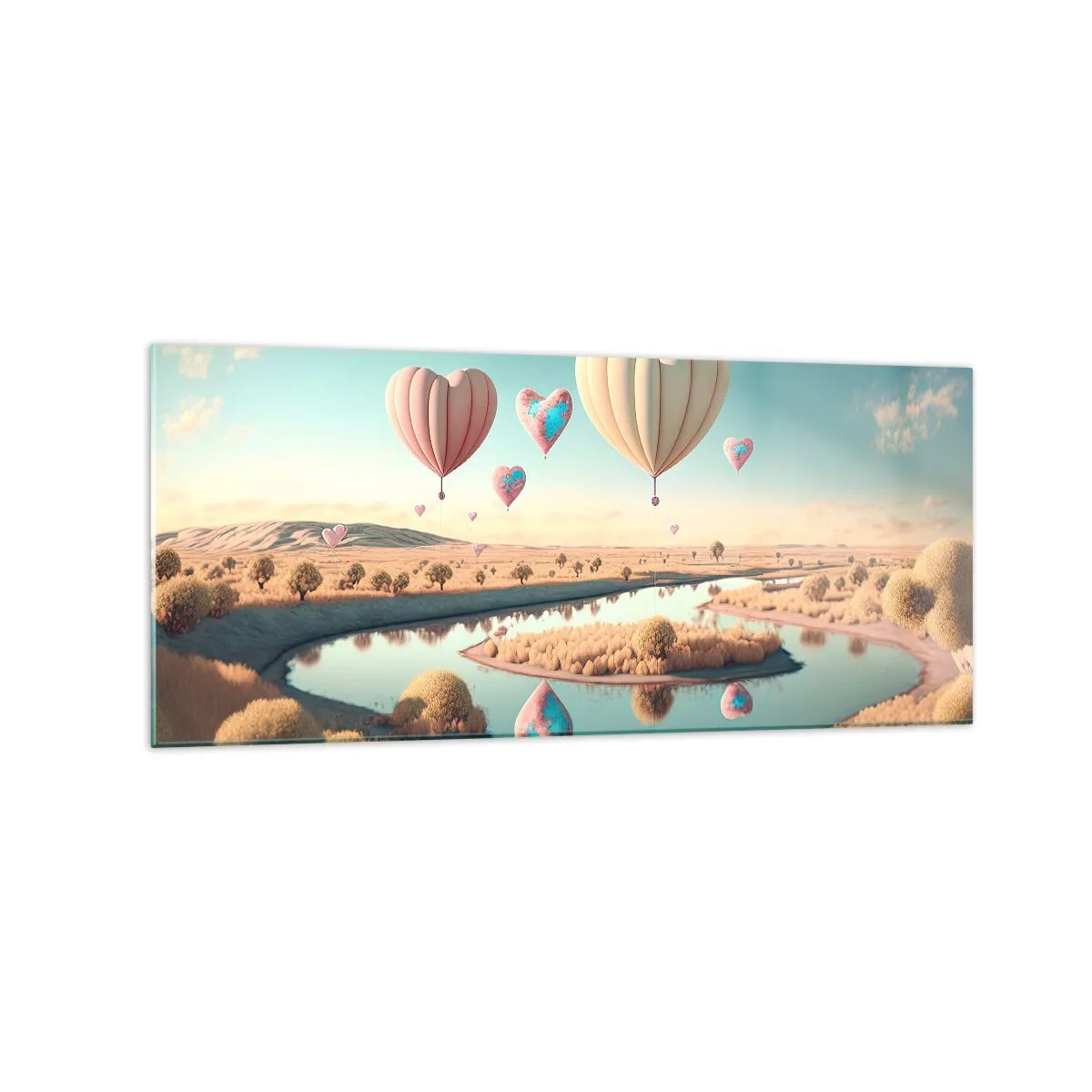 Impression sur verre - Image sur verre - Des ballons en forme de cœur flottant au-dessus du paysage - 120x50cm - L'amour te permet de t'élever - Décoration murale moderne pour le salon et la chambre ARTTOR