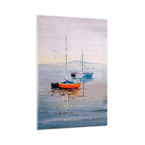 Impression sur verre - Image sur verre - Bateaux colorés sur une eau calme - 80x120cm - Un repos bien mérité - Décoration murale moderne pour le salon et la chambre ARTTOR