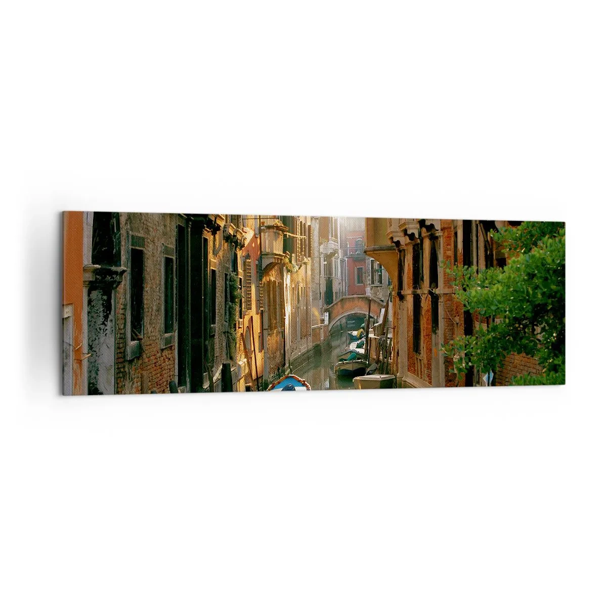 Impression sur toile - Image sur toile - Un canal pittoresque à Venise avec des bateaux et un pont - 160x50cm - Dans une ruelle vénitienne - Décoration murale moderne pour le salon et la chambre ARTTOR