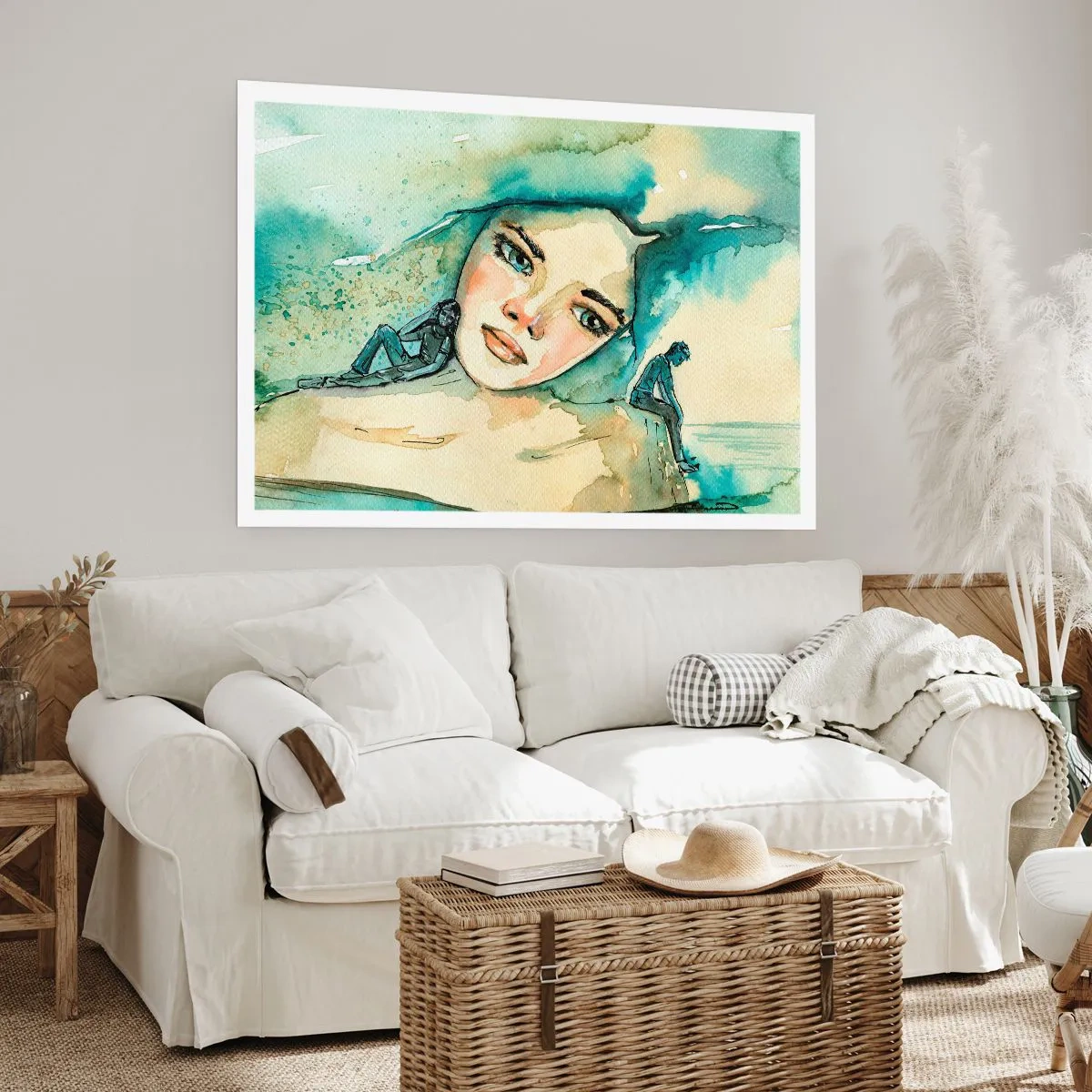 Affiche - Poster - Aquarelle d'un visage de femme avec un motif réfléchissant - 100x70cm - Suis-je bleu? - Décoration murale moderne pour le salon et la chambre ARTTOR