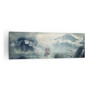 Impression sur toile - Image sur toile - Un paysage mystérieux avec un château, des montagnes et un navire - 160x50cm - Dans l'eau magique - Décoration murale moderne pour le salon et la chambre ARTTOR