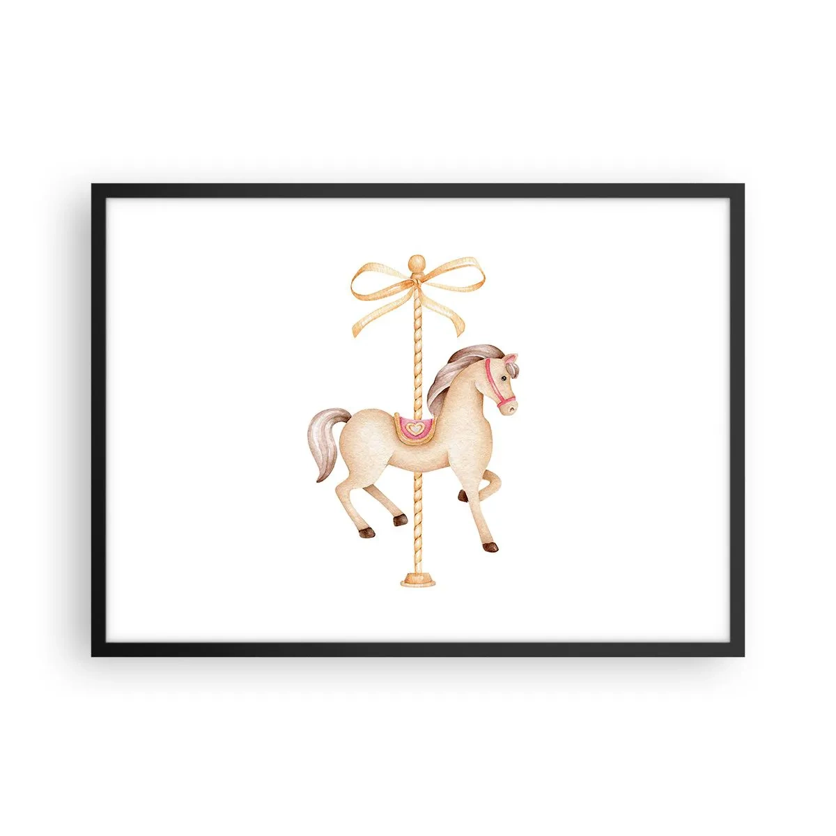 Affiche dans un cadre noir - Poster - Un cheval de carrousel avec un arc dans des pastels délicats - 70x50cm - Un trot gracieux - Décoration murale moderne pour le salon et la chambre ARTTOR