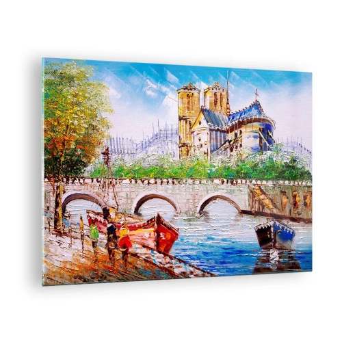 Impression sur verre - Image sur verre - Pont et bateaux sur fond de cathédrale historique - 70x50cm - Leur temps ne passe jamais - Décoration murale moderne pour le salon et la chambre ARTTOR