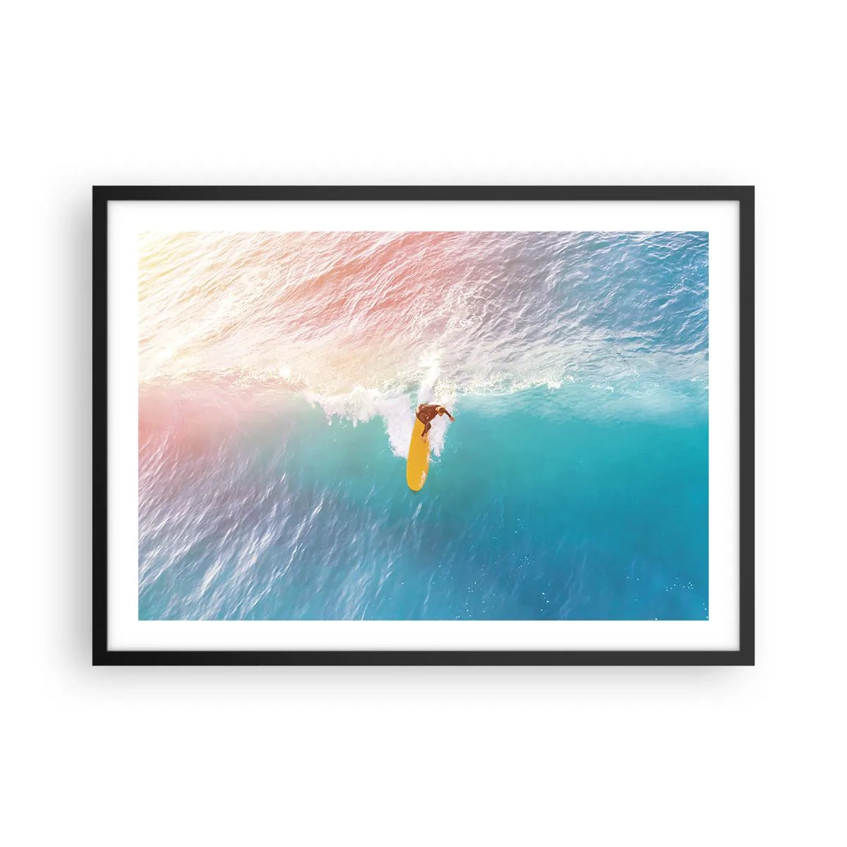 Affiche dans un cadre noir - Poster - Surfeur sur une vague aux couleurs pastel - 70x50cm - Le cavalier de l'océan - Décoration murale moderne pour le salon et la chambre ARTTOR