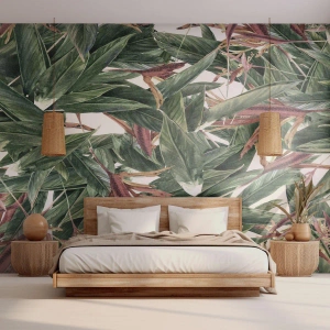 Papier Peint Photo Premium Sand - Motif de feuilles botaniques aux couleurs naturelles - 100x70cm - Arbuste émeraude-lilas - Décoration murale moderne pour le salon et la chambre ARTTOR