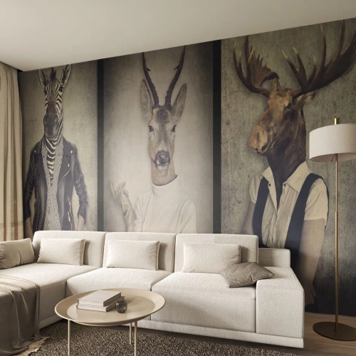 Papier Peint Photo Premium Sand - Personnages stylés avec des têtes d'animaux dans un style rétro - 100x70cm - Laissons parler les gestes - Décoration murale moderne pour le salon et la chambre ARTTOR