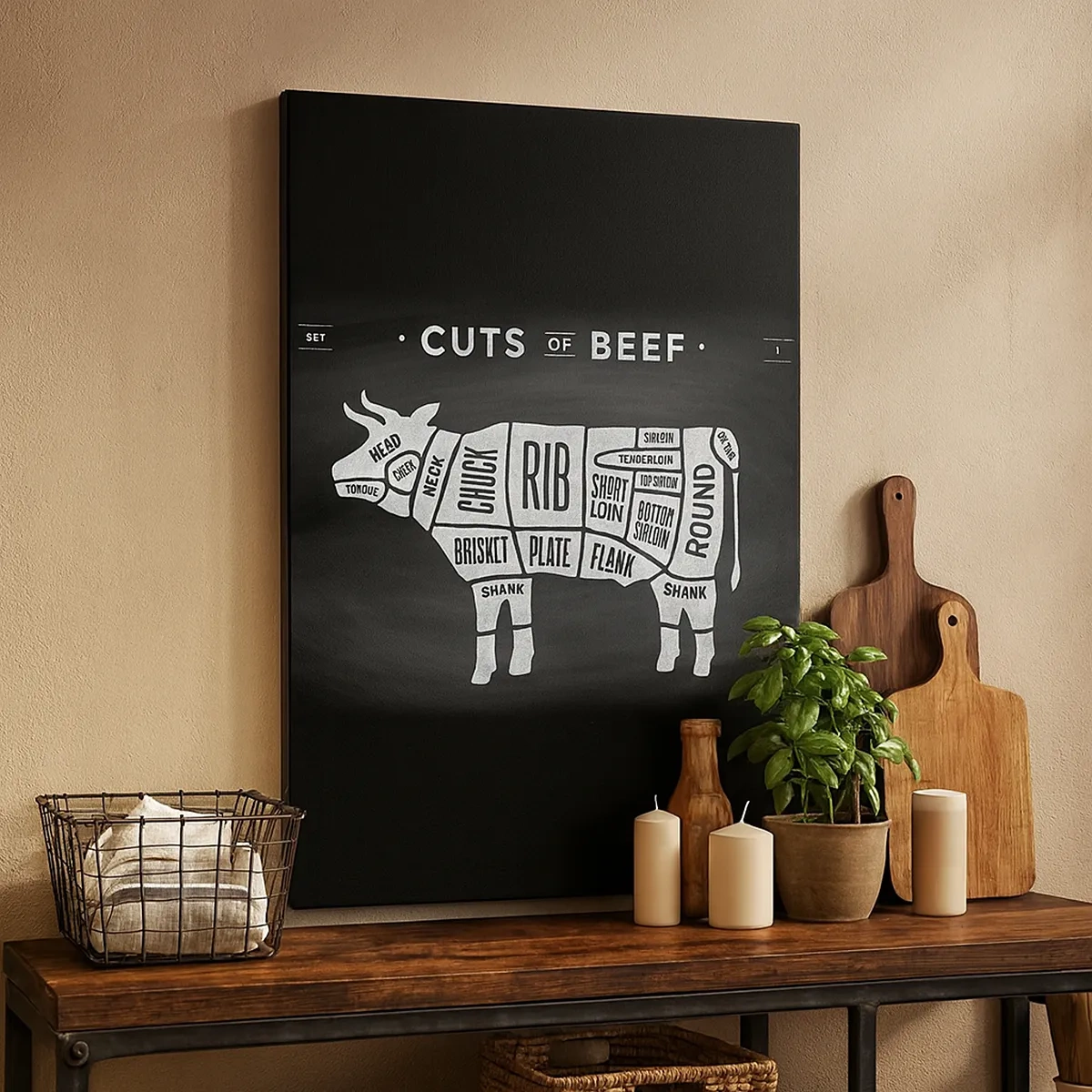 Impression sur toile - Image sur toile - Diagramme des coupes de bœuf sur fond noir - 50x70cm - L'art de la découpe - Décoration murale moderne pour le salon et la chambre ARTTOR