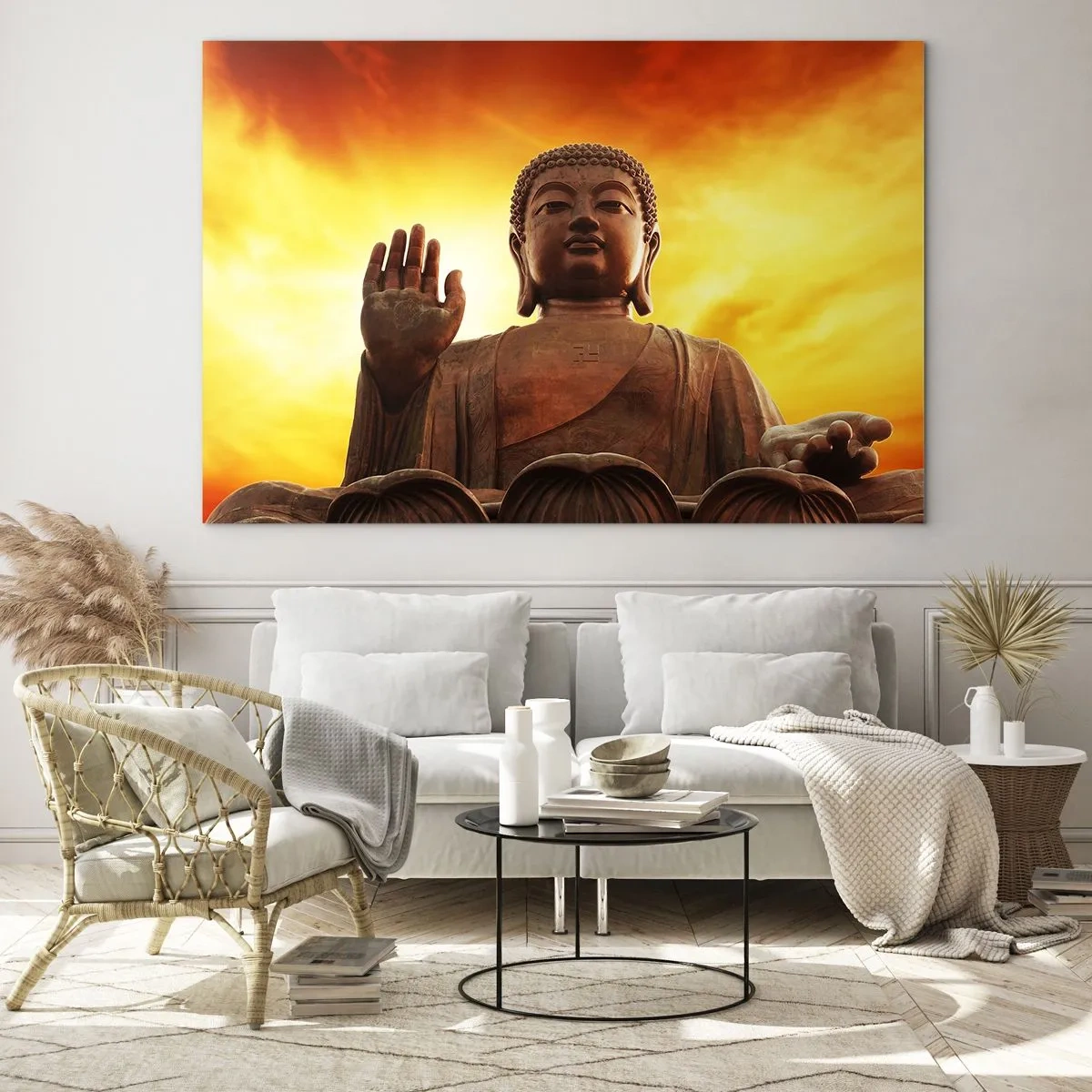 Impression sur verre - Image sur verre - Une statue de Bouddha sur fond de coucher de soleil doré - 120x80cm - La paix du monde - Décoration murale moderne pour le salon et la chambre ARTTOR