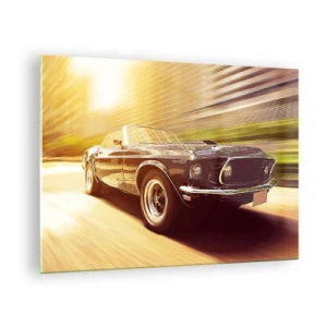 Impression sur verre - Image sur verre - Voiture classique en mouvement au soleil - 70x50cm - 1967 - le retour de la légende - Décoration murale moderne pour le salon et la chambre ARTTOR