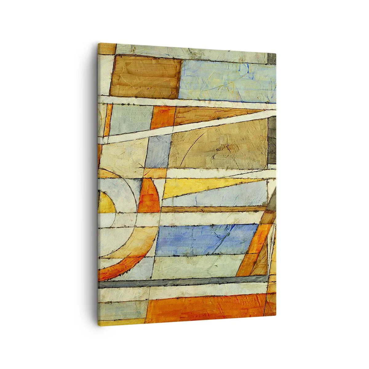 Impression sur toile - Image sur toile - Abstraction géométrique dans les tons beige, bleu et orange - 50x70cm - Cubisme sur le chantier - Décoration murale moderne pour le salon et la chambre ARTTOR