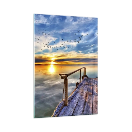 Impression sur verre - Image sur verre - Jetée en bois sur le lac au coucher du soleil - 80x120cm - Le vent se repose - Décoration murale moderne pour le salon et la chambre ARTTOR