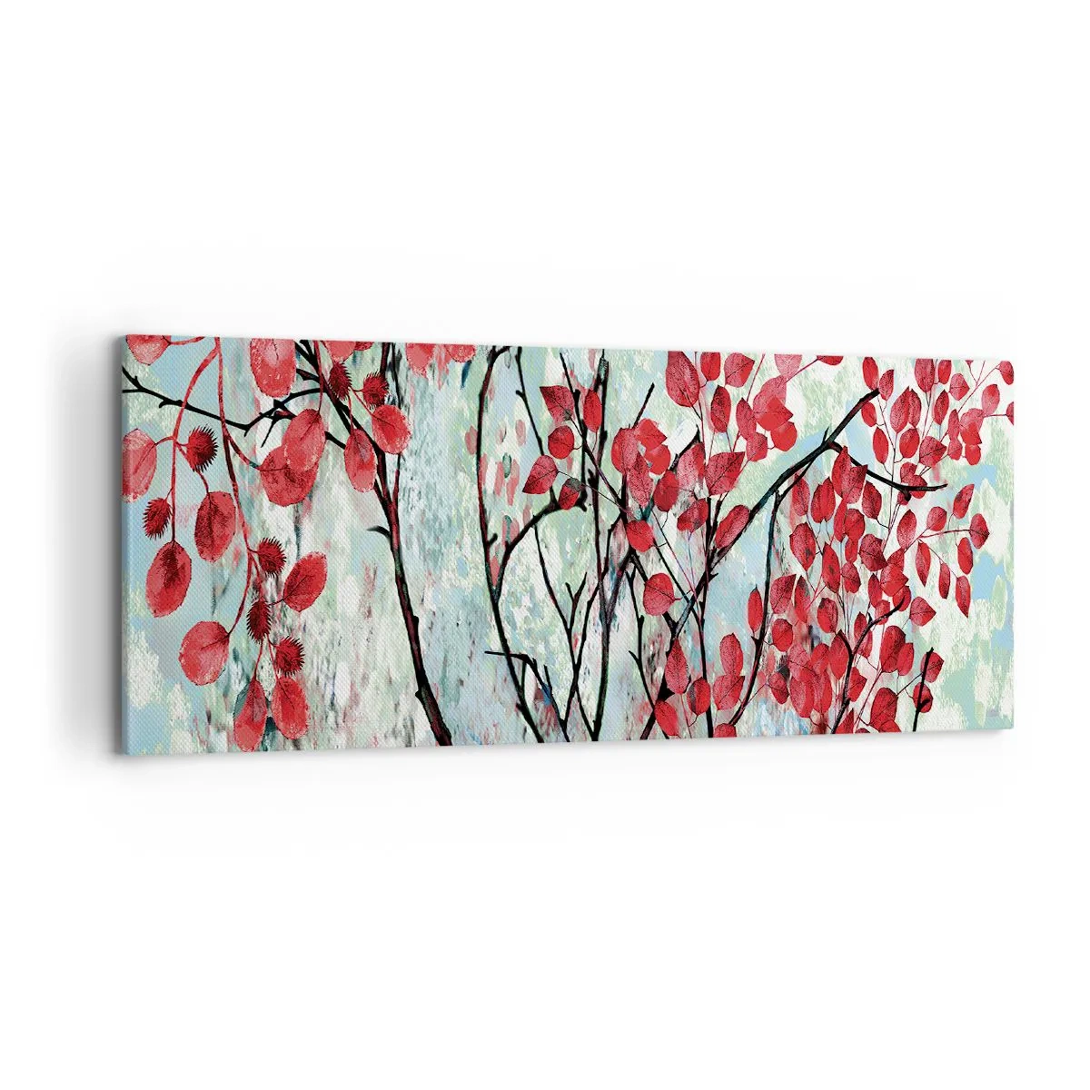 Impression sur toile - Image sur toile - Feuilles rouges sur un ciel lumineux avec des motifs abstraits - 120x50cm - Arbre en écarlate - Décoration murale moderne pour le salon et la chambre ARTTOR