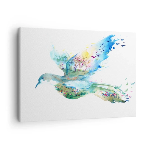 Impression sur toile - Image sur toile - Composition à l'aquarelle d'un oiseau avec des éléments de la nature - 70x50cm - Sur les ailes de la nature - Décoration murale moderne pour le salon et la chambre ARTTOR