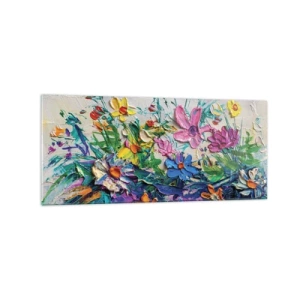 Impression sur verre - Image sur verre - Un bouquet de fleurs coloré peint selon la technique de l'empâtement - 120x50cm - Absolument pas une nature morte - Décoration murale moderne pour le salon et la chambre ARTTOR