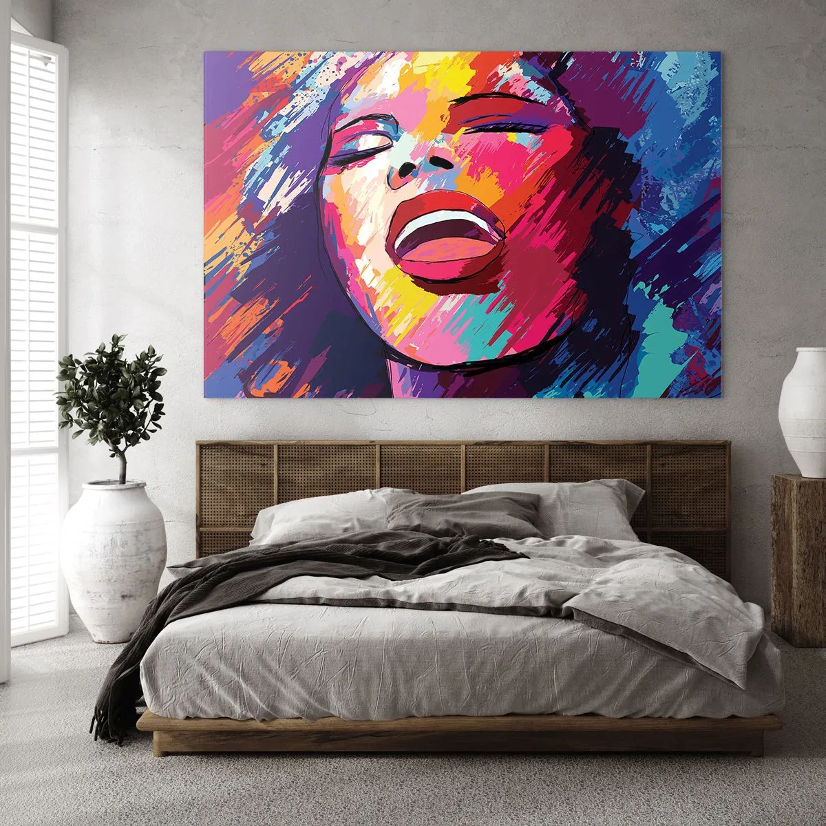 Impression sur verre - Image sur verre - Portrait abstrait d'une femme aux couleurs intenses - 70x50cm - Chante toute ma vie - Décoration murale moderne pour le salon et la chambre ARTTOR