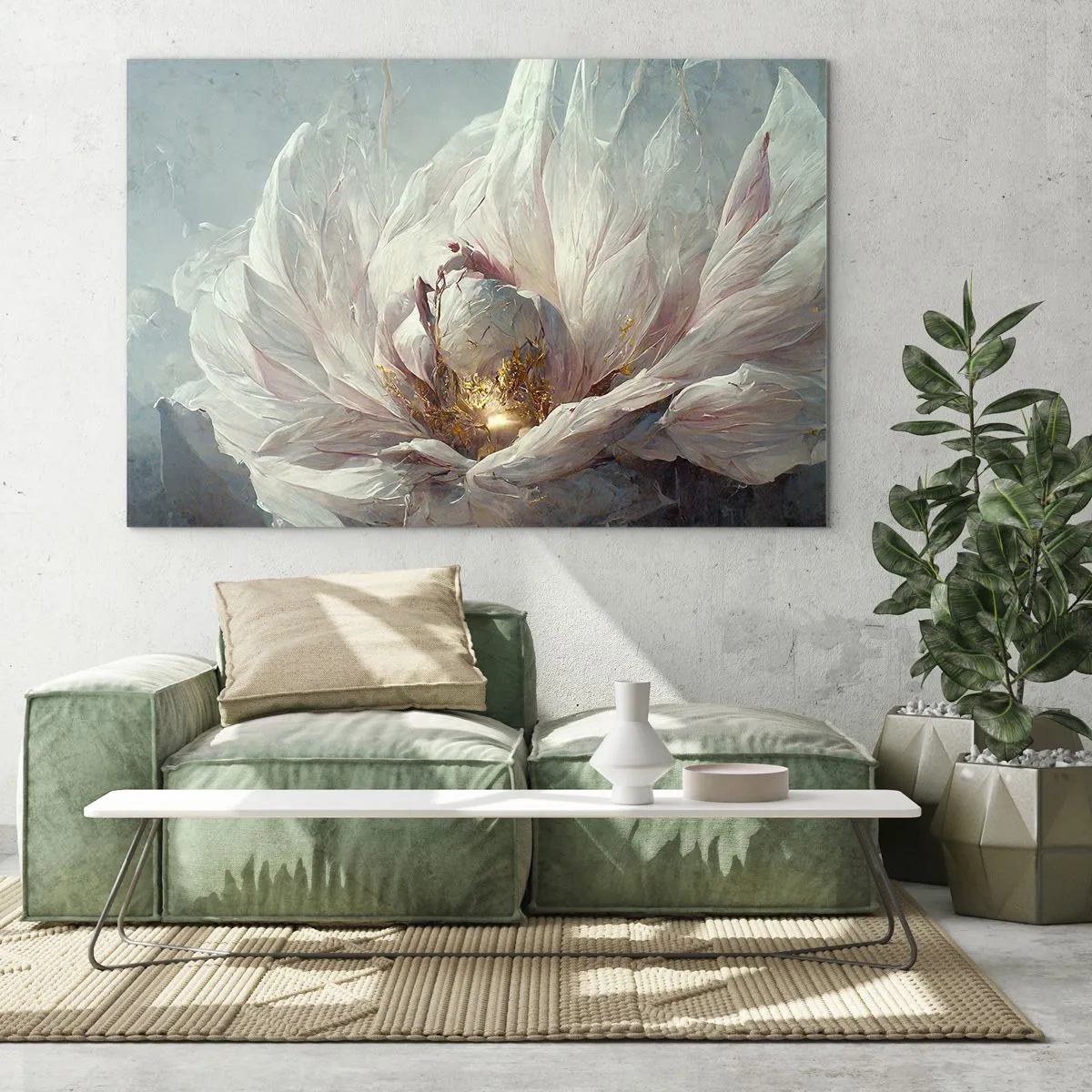 Impression sur verre - Image sur verre - Une fleur épanouie dans des tons gris et or délicats - 70x50cm - Il fleurit une fois tous les cent ans - Décoration murale moderne pour le salon et la chambre ARTTOR