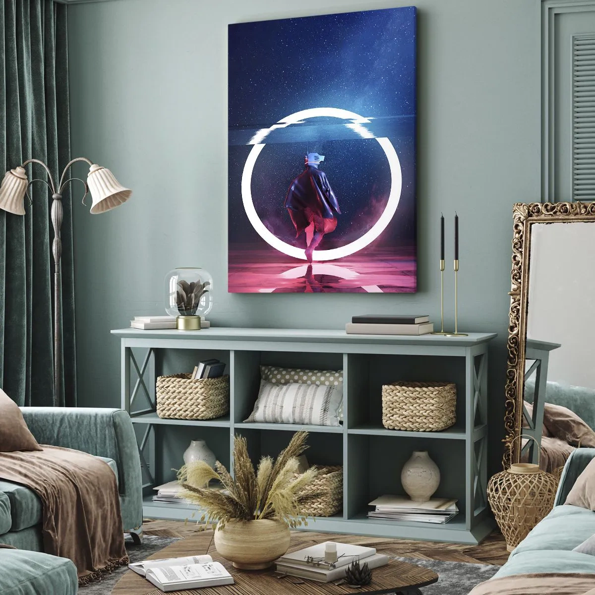 Impression sur toile - Image sur toile - Un personnage dans un environnement futuriste avec un cercle de néon - 80x120cm - Entre deux mondes - Décoration murale moderne pour le salon et la chambre ARTTOR