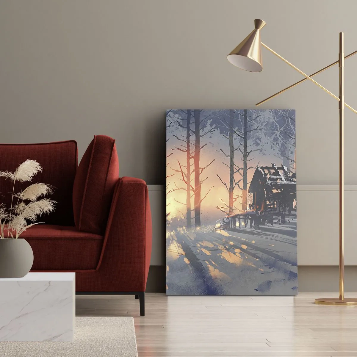 Impression sur toile - Image sur toile - Un chalet forestier dans un paysage hivernal avec les rayons du soleil couchant - 70x100cm - Seul le soleil regarde ici - Décoration murale moderne pour le salon et la chambre ARTTOR