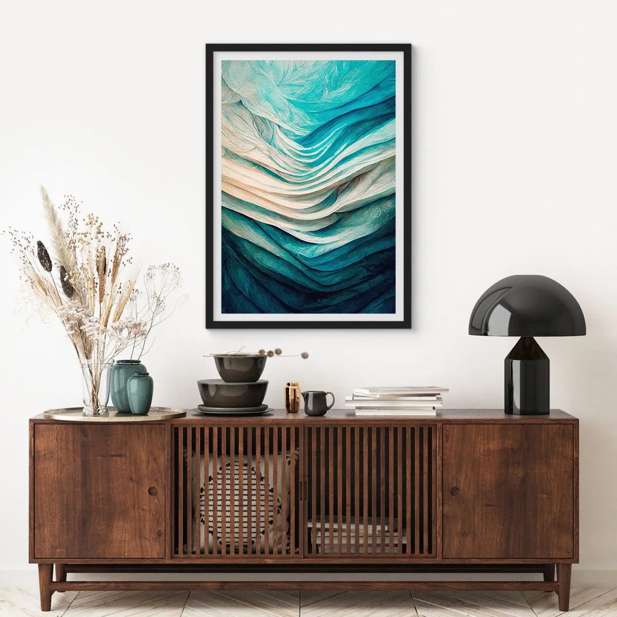 Affiche dans un cadre noir - Poster - Composition abstraite de vagues dans les tons bleus et beiges - 50x70cm - Insatiabilité bleue - Décoration murale moderne pour le salon et la chambre ARTTOR