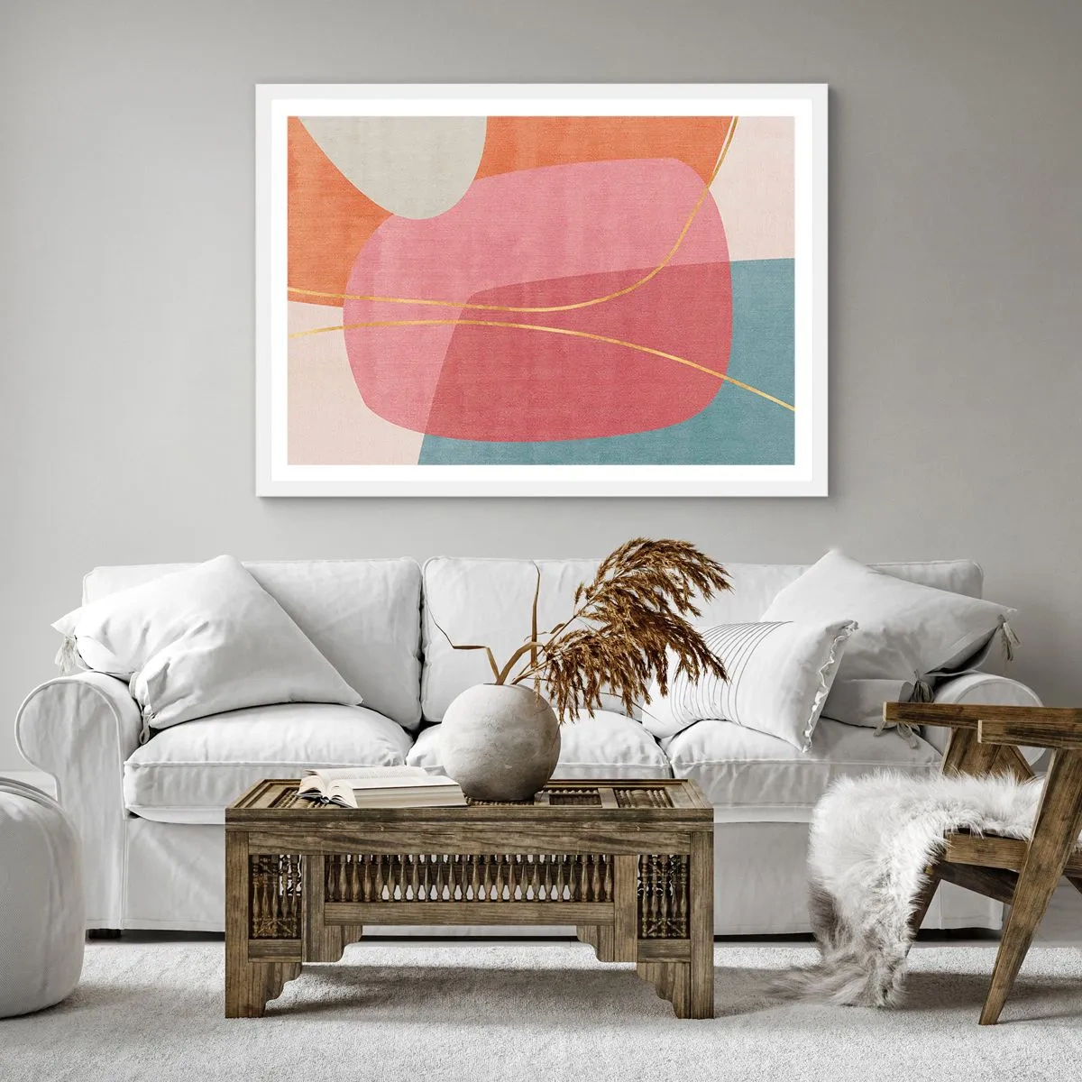 Affiche dans un cadre blanc - Poster - Composition pastel au fil d'or - 40x40 cm