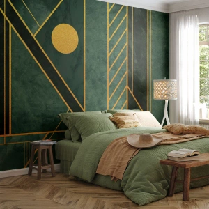 Papier Peint Photo Premium Sand - Géométrie verte avec des éléments dorés dans le style Art Déco - 100x70cm - Dynamique or et azur - Décoration murale moderne pour le salon et la chambre ARTTOR