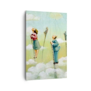 Impression sur toile - Image sur toile - Personnages grimpant sur des échelles parmi des nuages sur un fond pastel. - 80x120cm - Derrière ton rêve - Décoration murale moderne pour le salon et la chambre ARTTOR