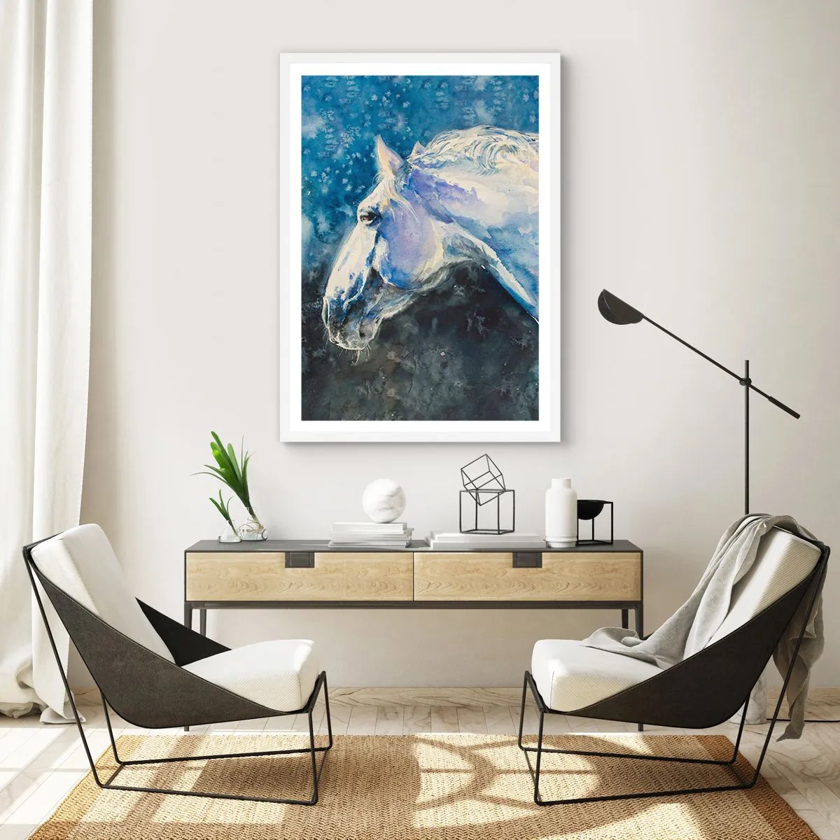 Affiche dans un cadre blanc - Poster - Portrait dans une lueur azur - 50x70 cm