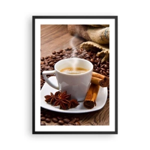 Affiche dans un cadre noir - Poster - Une tasse de café aux épices sur un fond de grains de café - 50x70cm - Saveur et arôme épicés - Décoration murale moderne pour le salon et la chambre ARTTOR