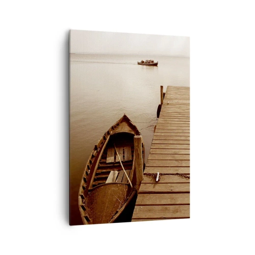 Impression sur toile - Image sur toile - Jetée en bois et bateau sur un lac calme - 70x100cm - Le grand silence - Décoration murale moderne pour le salon et la chambre ARTTOR