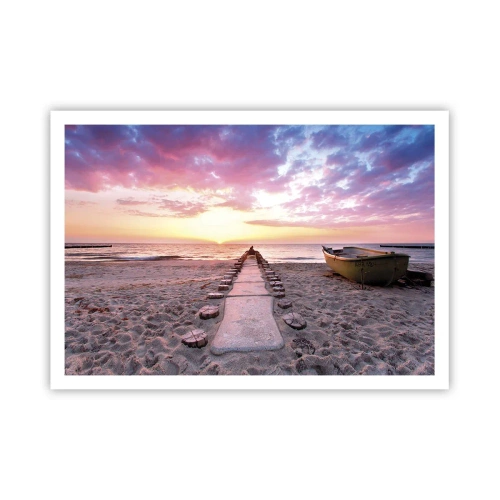 Affiche - Poster - Plage au lever du soleil avec bateau et jetée - 100x70cm - Moment d'expérience profonde - Décoration murale moderne pour le salon et la chambre ARTTOR