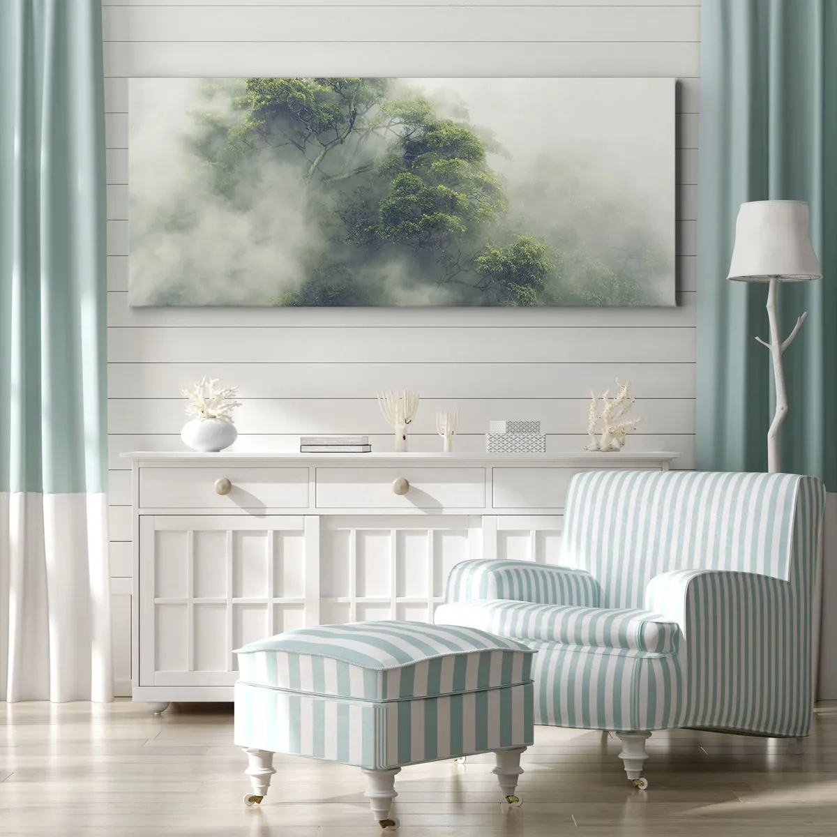 Impression sur toile - Image sur toile - Arbres verts dans un épais brouillard sur fond naturel - 120x50cm - Enveloppé de brouillard - Décoration murale moderne pour le salon et la chambre ARTTOR