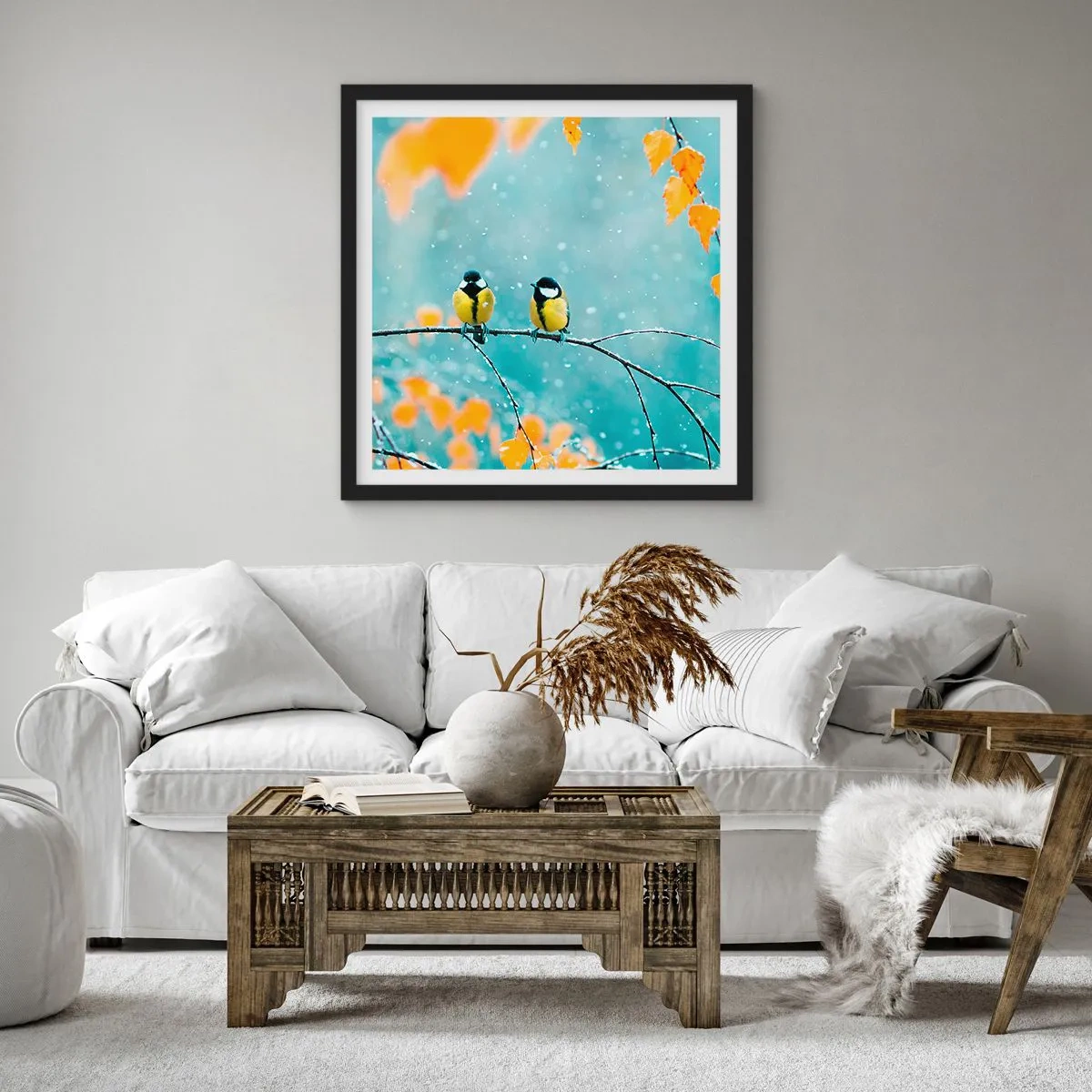 Affiche dans un cadre noir - Poster - Potins d'oiseaux - 40x40 cm